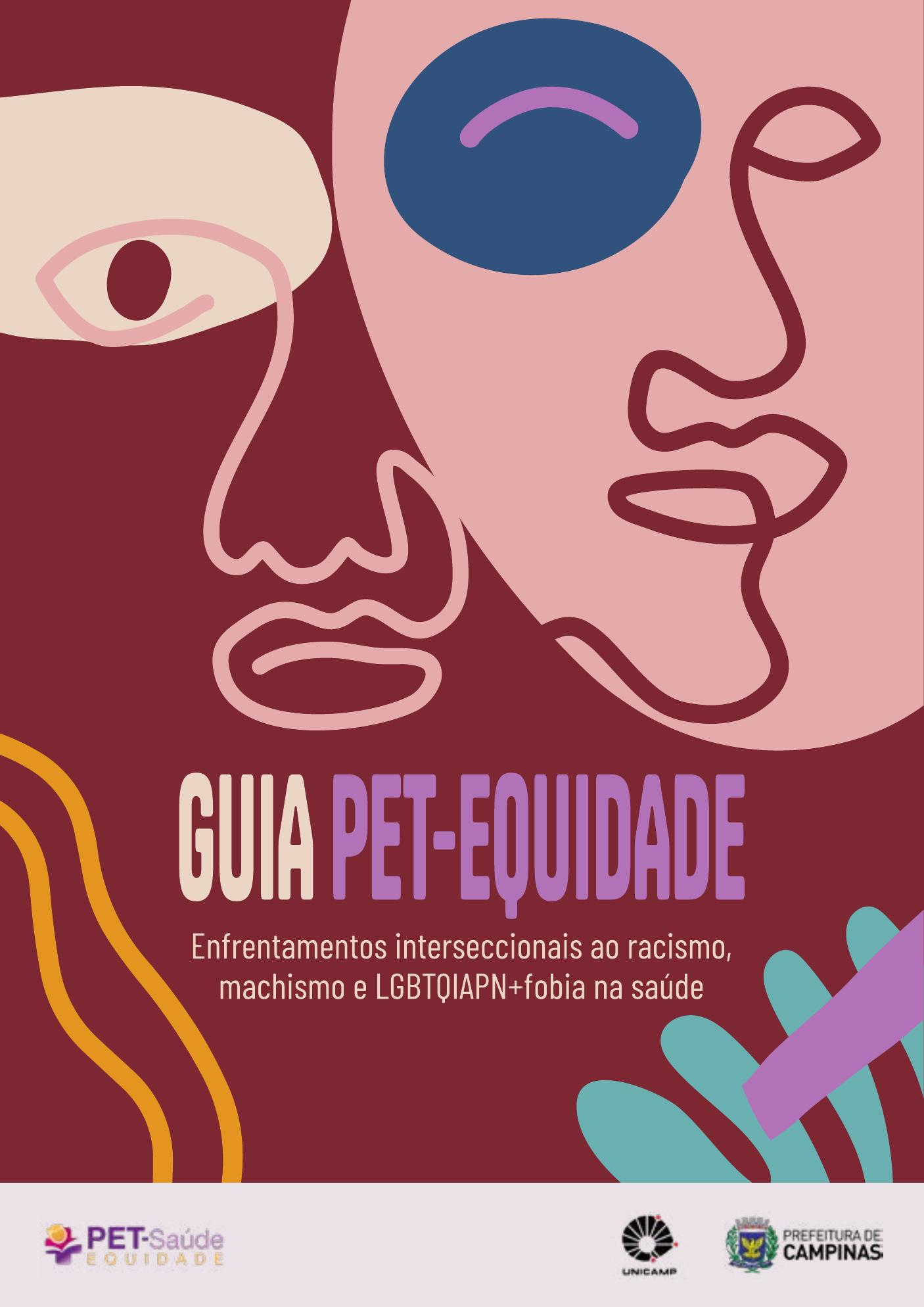 Capa do Guia PET-Equidade: ilustração de dois rostos sobrepostos em tons de bordô, rosa e lilás.